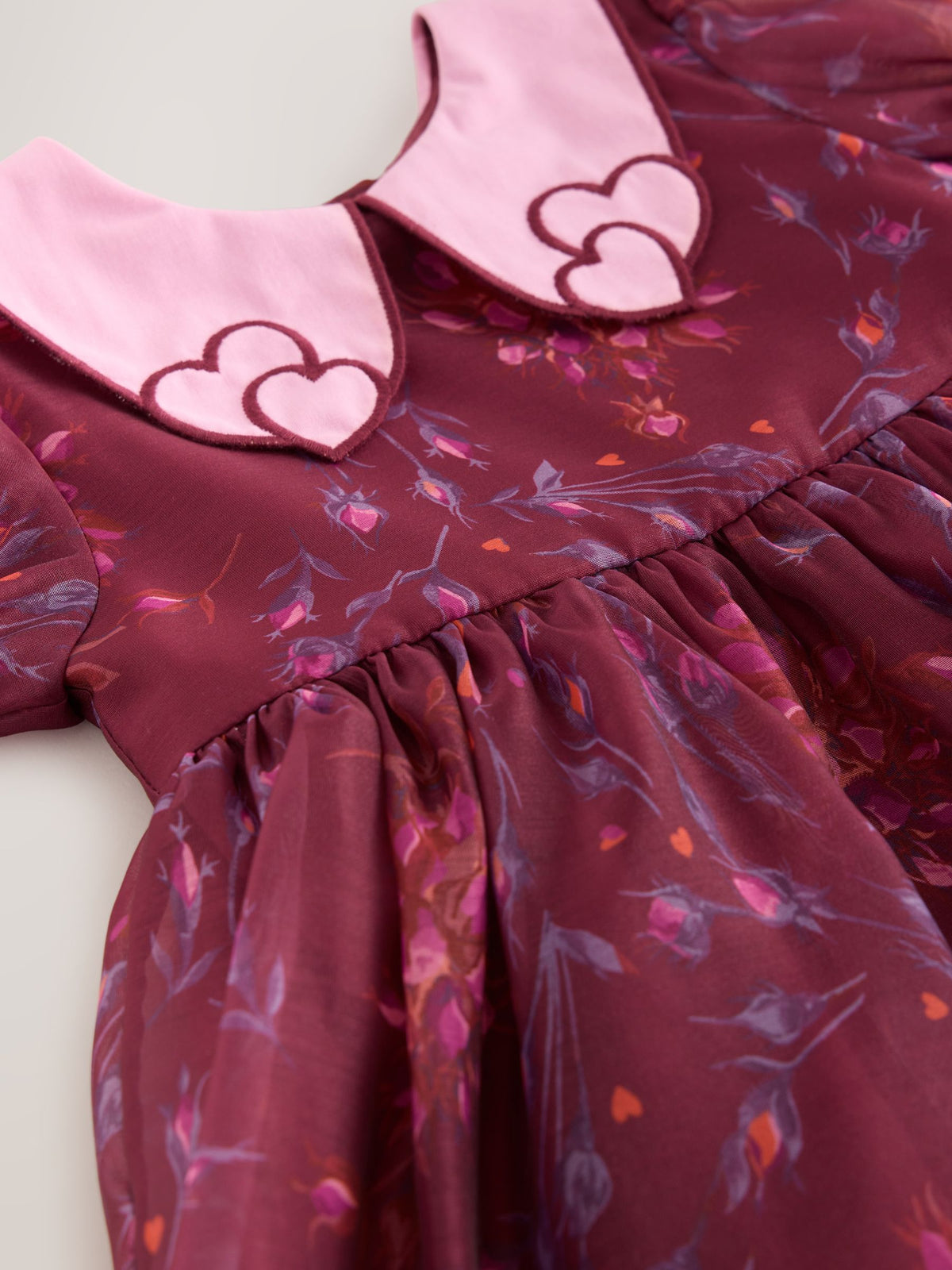 Burgundy Floral Embroidered Collar Puff Sleeve Occasion Dress (3mths-8yrs)