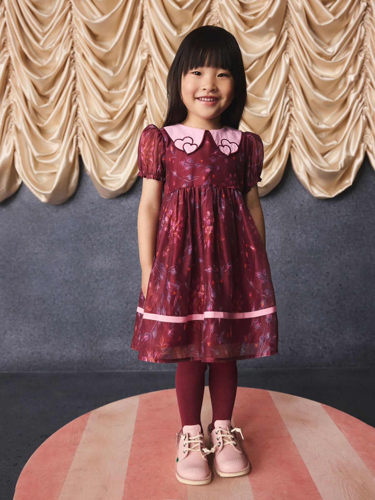 Burgundy Floral Embroidered Collar Puff Sleeve Occasion Dress (3mths-8yrs)