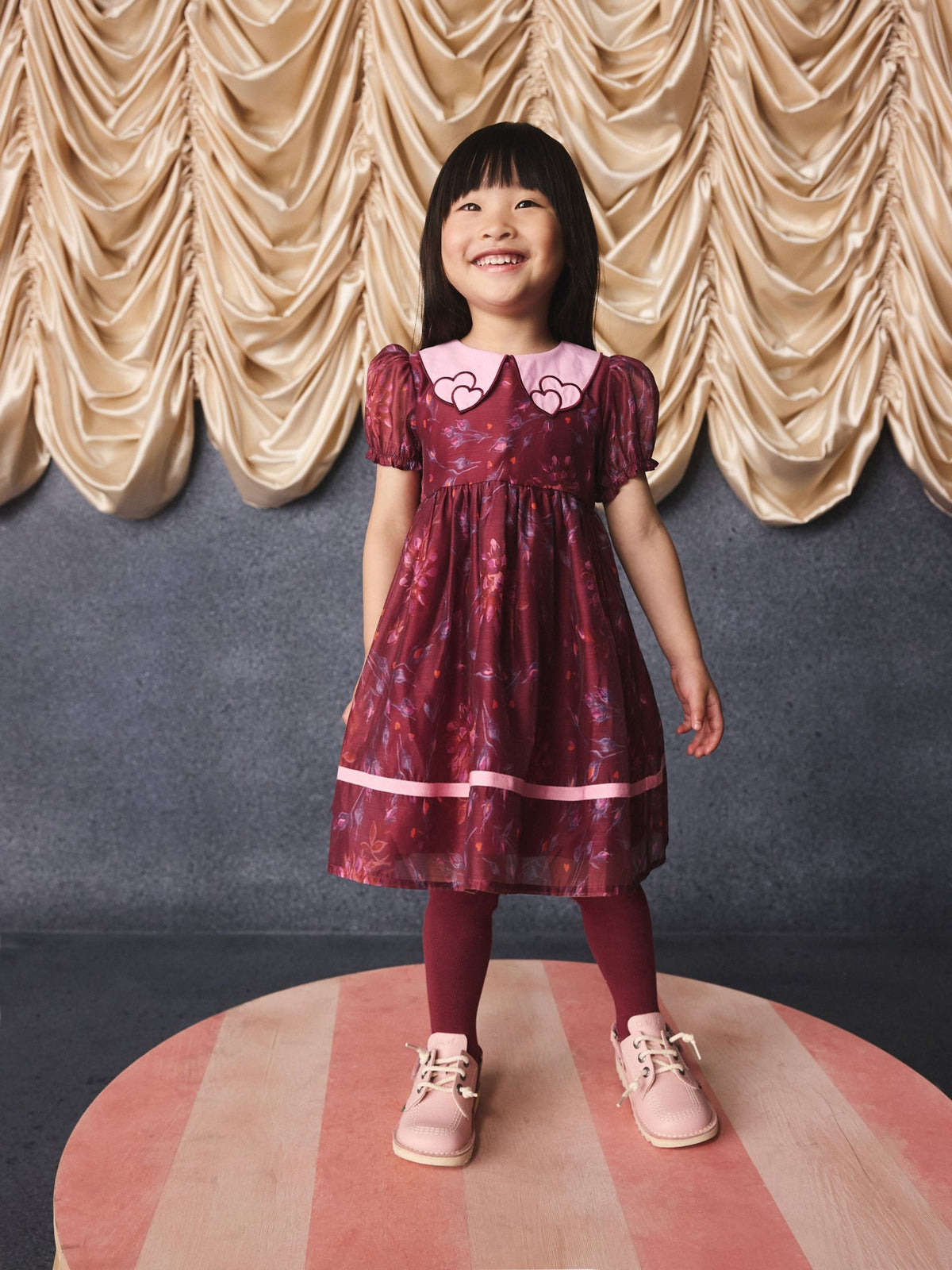 Burgundy Floral Embroidered Collar Puff Sleeve Occasion Dress (3mths-8yrs)