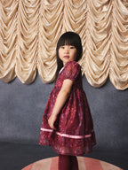 Burgundy Floral Embroidered Collar Puff Sleeve Occasion Dress (3mths-8yrs)