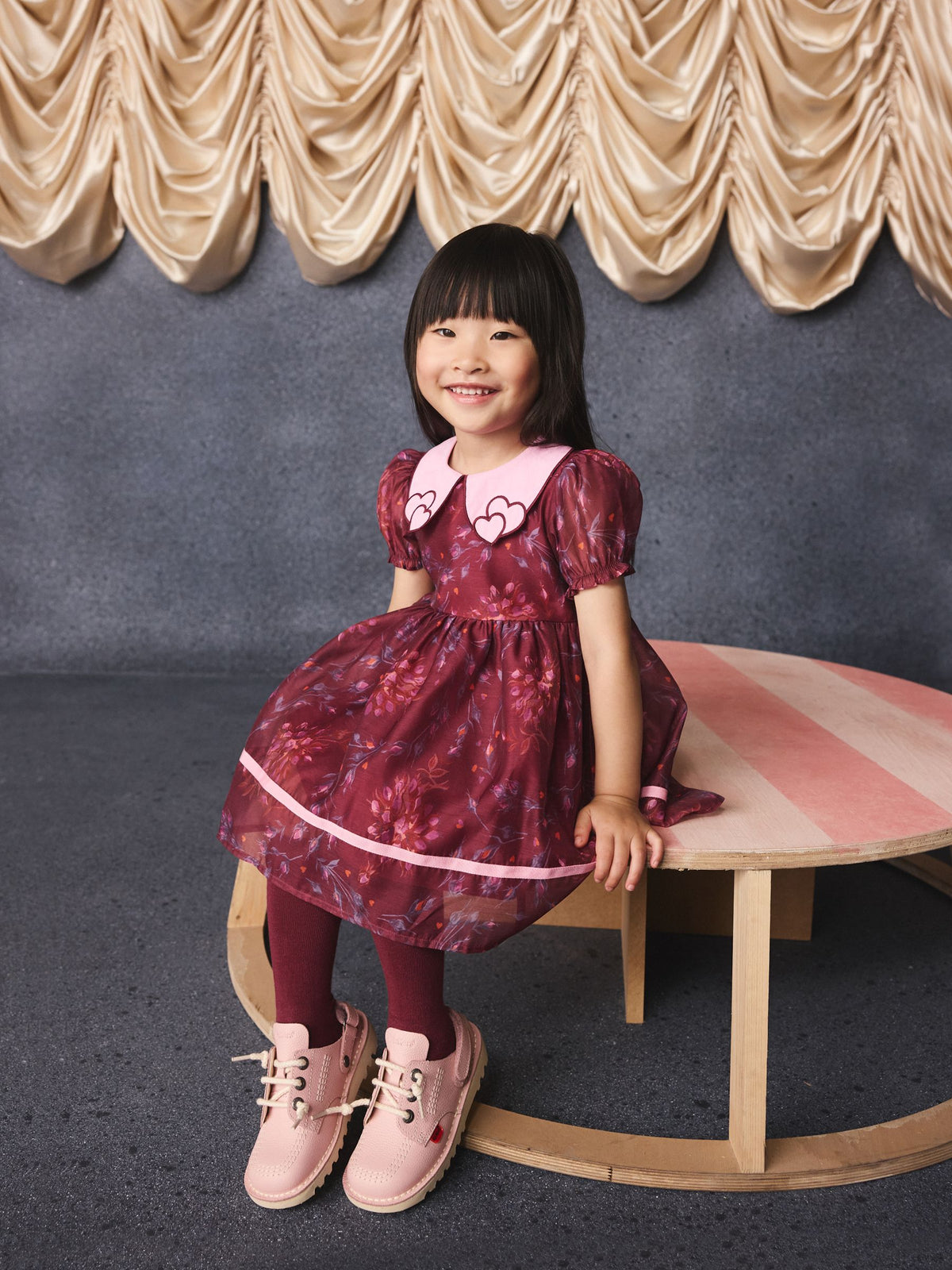 Burgundy Floral Embroidered Collar Puff Sleeve Occasion Dress (3mths-8yrs)