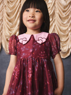 Burgundy Floral Embroidered Collar Puff Sleeve Occasion Dress (3mths-8yrs)