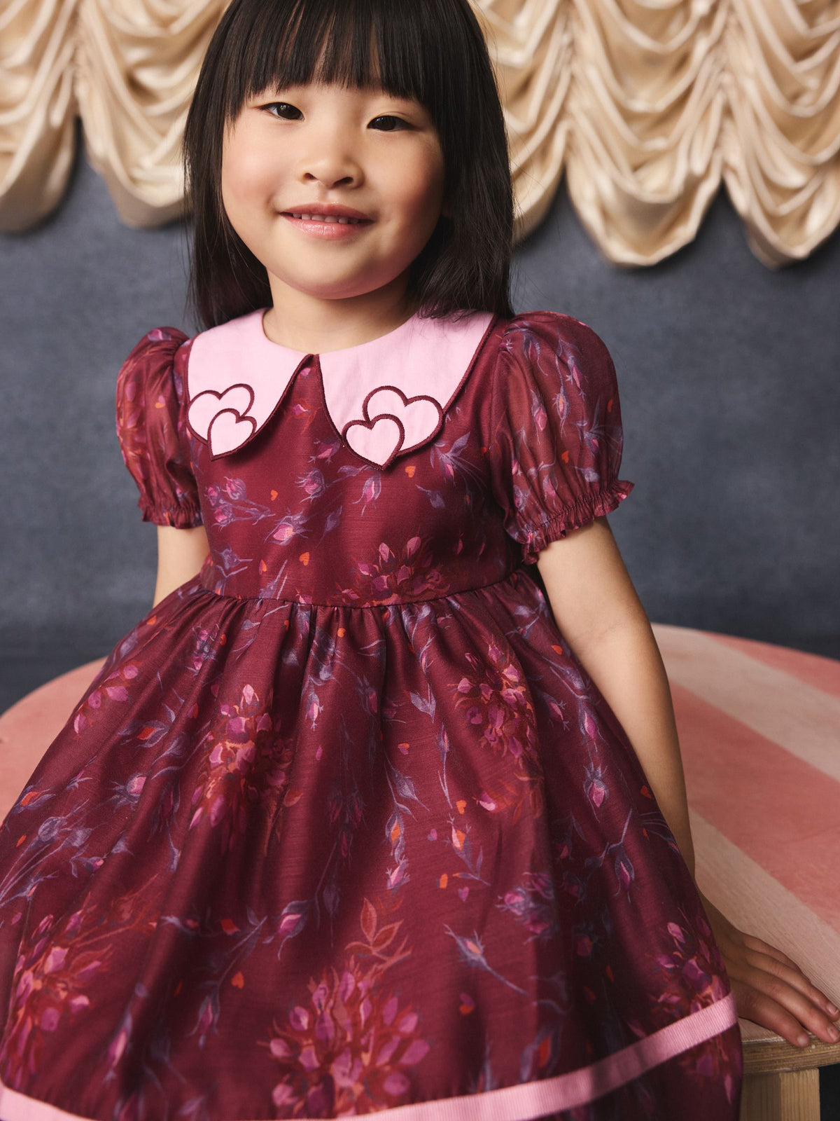 Burgundy Floral Embroidered Collar Puff Sleeve Occasion Dress (3mths-8yrs)
