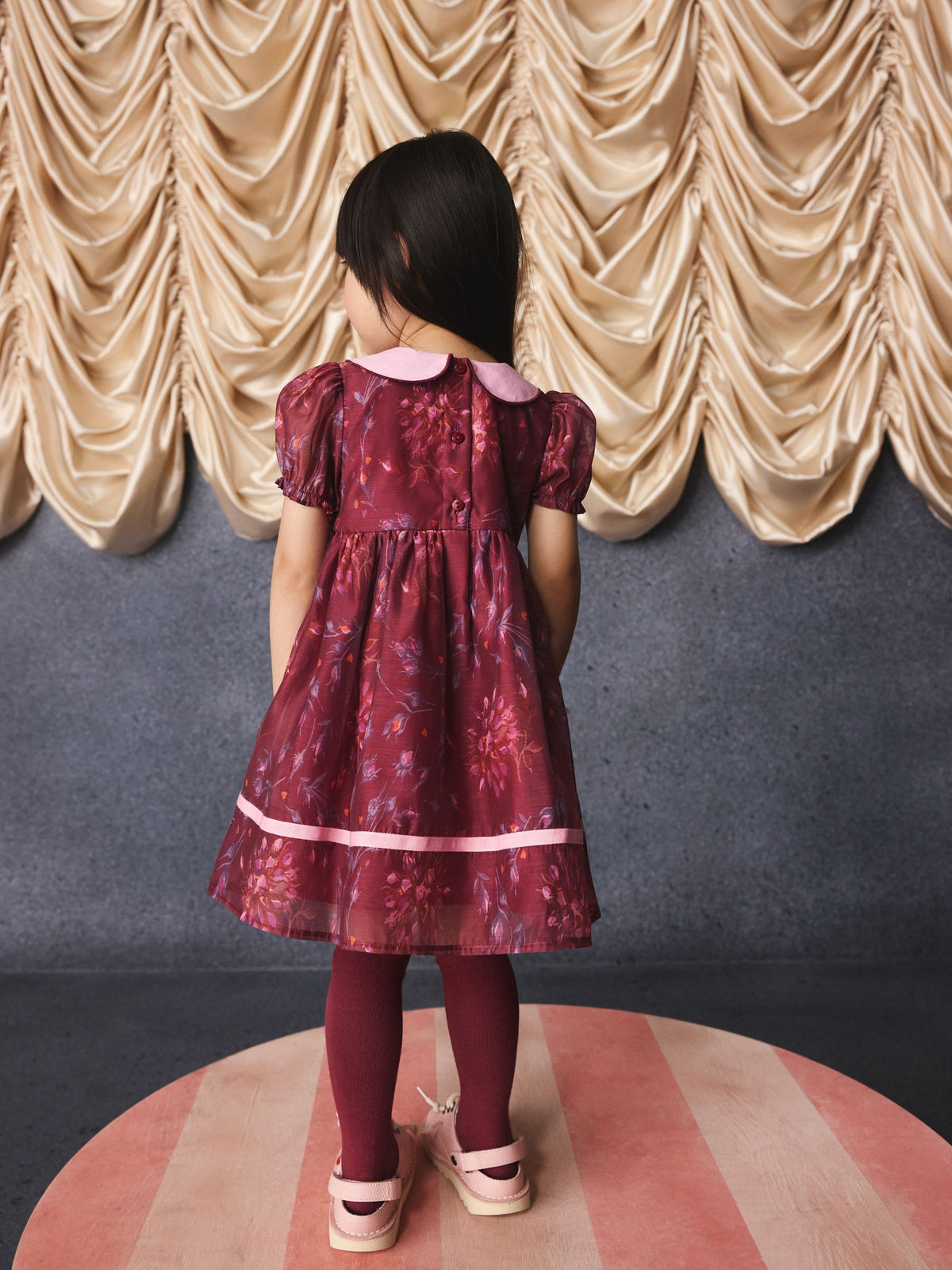 Burgundy Floral Embroidered Collar Puff Sleeve Occasion Dress (3mths-8yrs)