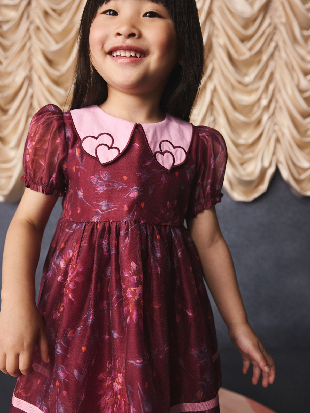 Burgundy Floral Embroidered Collar Puff Sleeve Occasion Dress (3mths-8yrs)