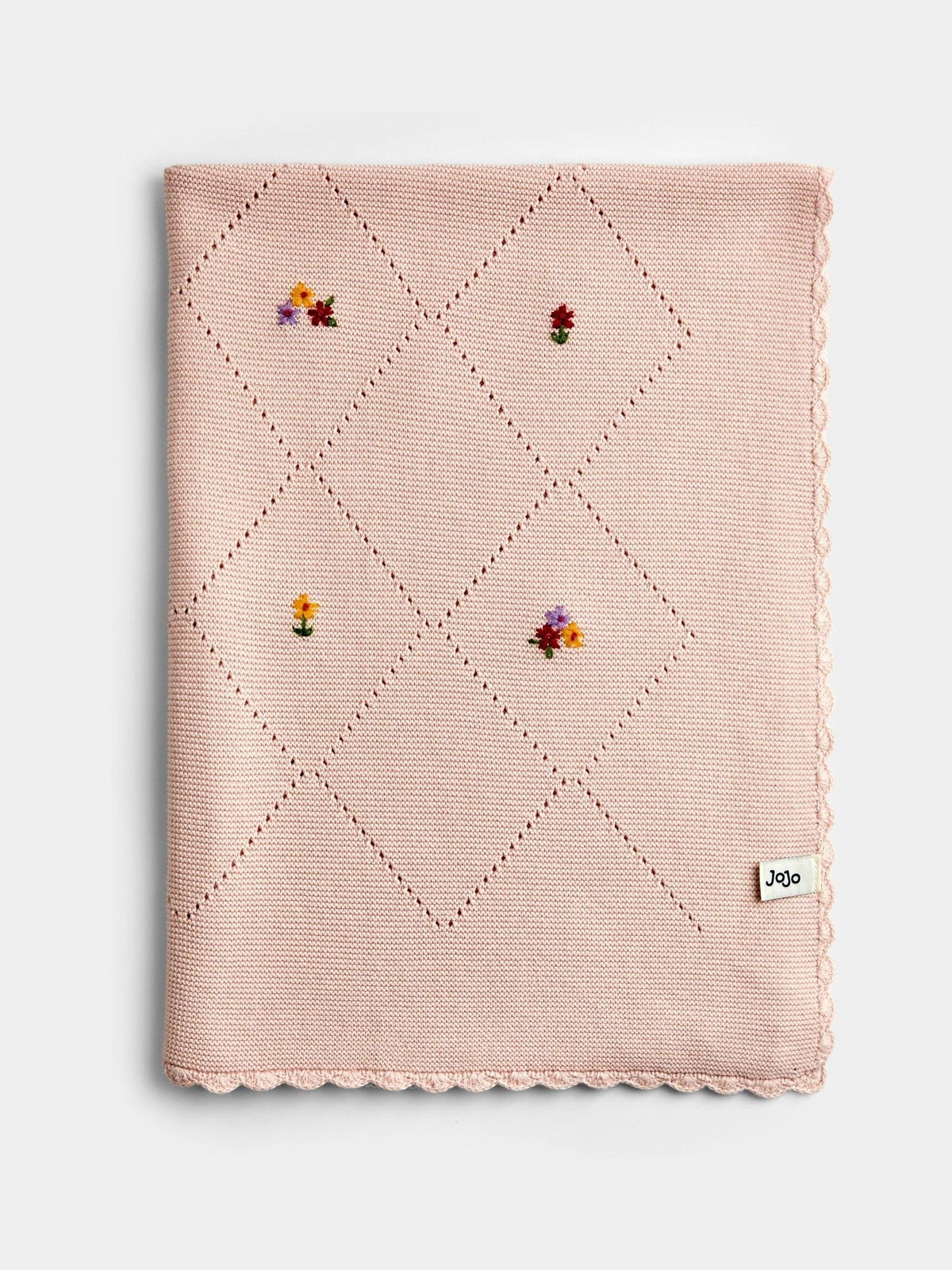 JoJo Maman Bébé Light Pink Floral Embroidered Baby Knitted Shawl Blanket