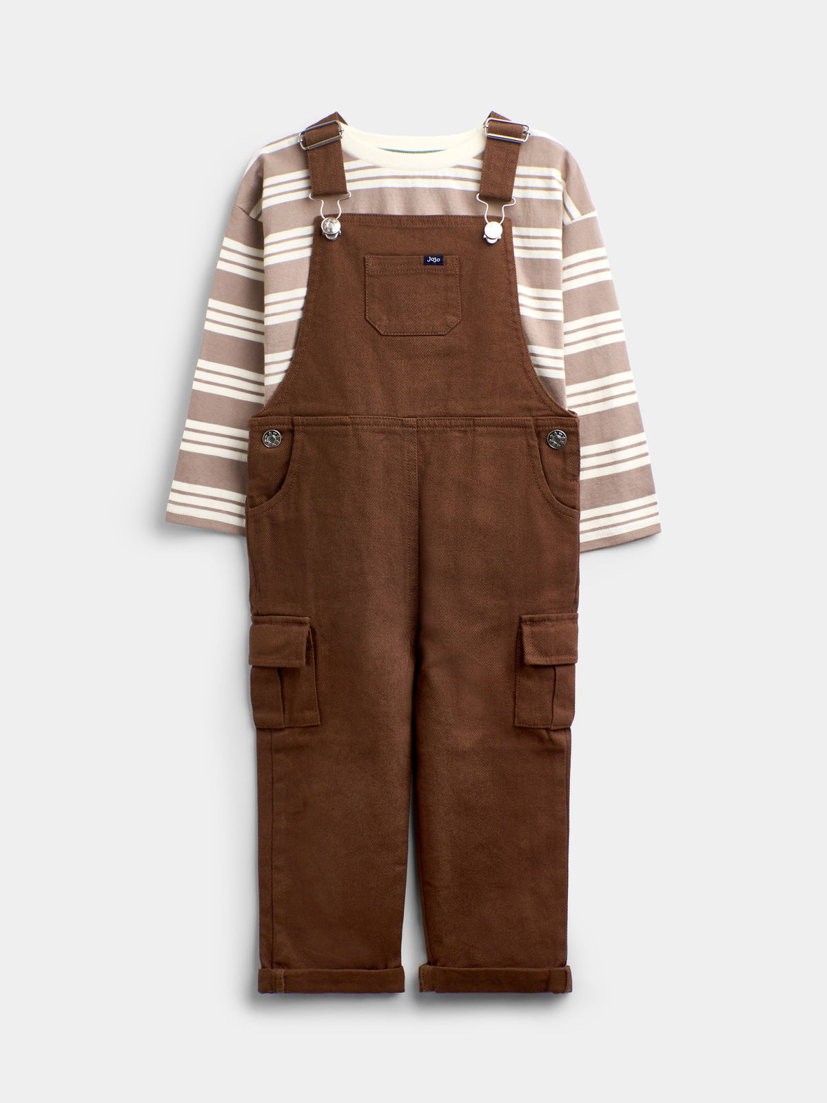 JoJo Maman Bébé Brown Stripe Top & Twill Dungaree Set