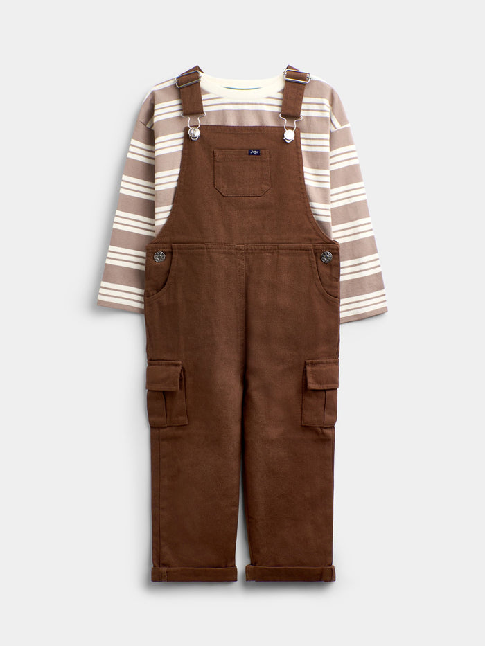 JoJo Maman Bébé Brown Stripe Top & Twill Dungaree Set