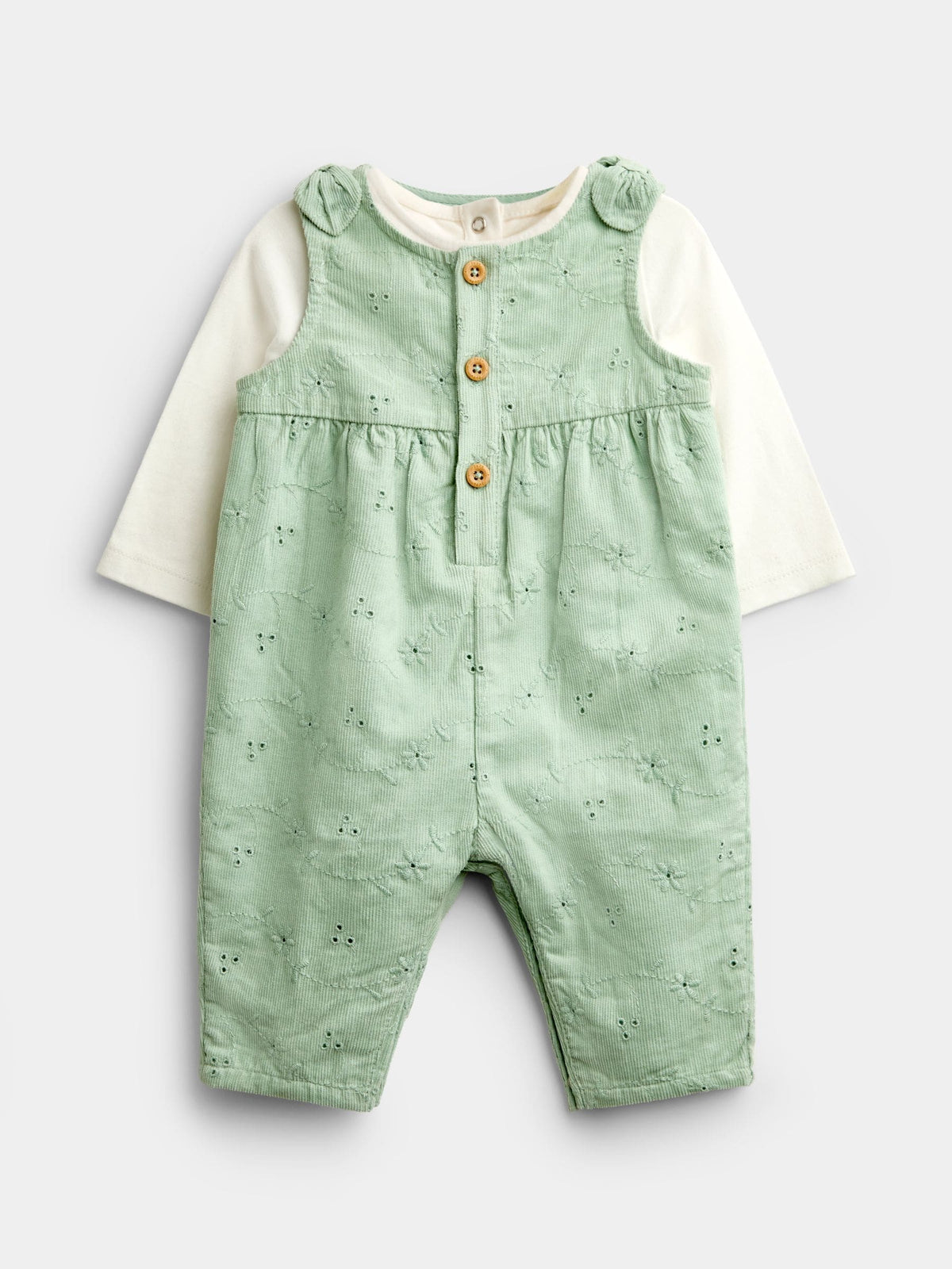 JoJo Maman Bébé Sage Green Broderie Dungaree & Body Set